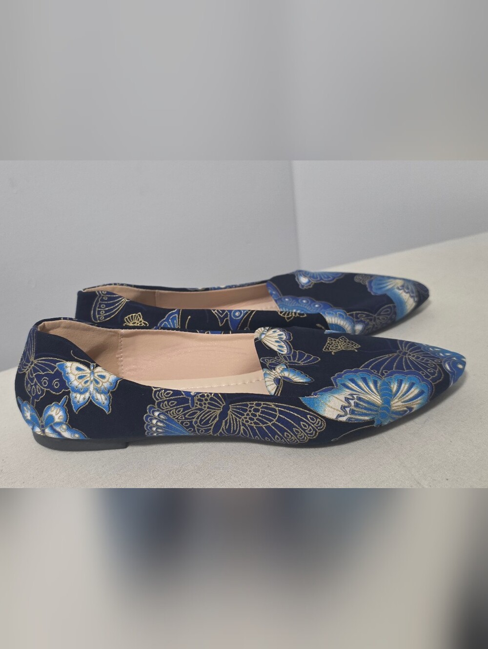 Navy Blue Butterfly-Print Womens Ballet Flats